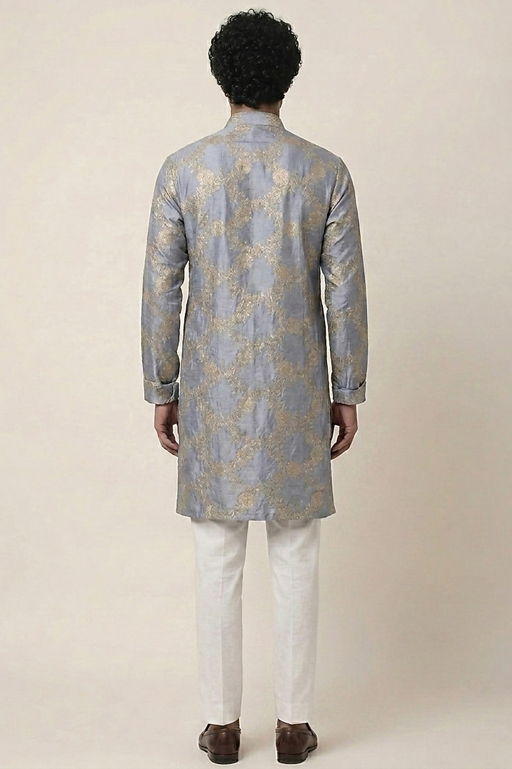Blue & Grey Banarasi Silk Floral Work Kurta by AASTHASHAH at Pernia's Pop Up Shop