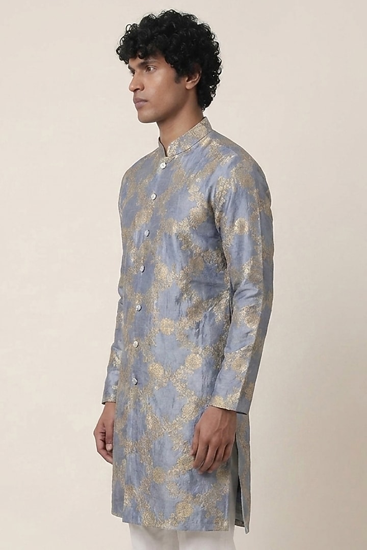 Blue & Grey Banarasi Silk Floral Work Kurta by AASTHASHAH at Pernia's Pop Up Shop