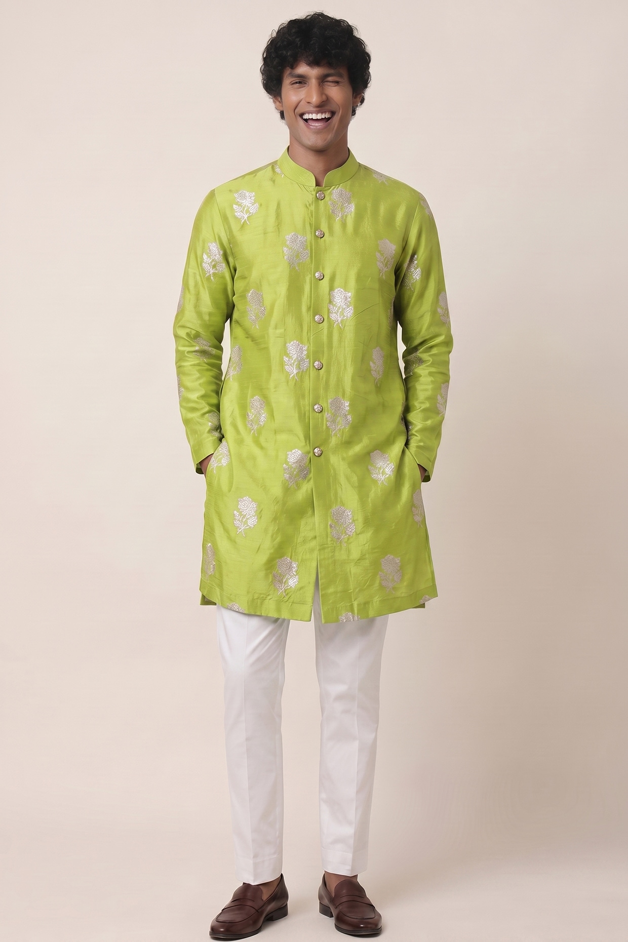 AASTHASHAH Light Green Banarasi Silk Floral Work Kurta
