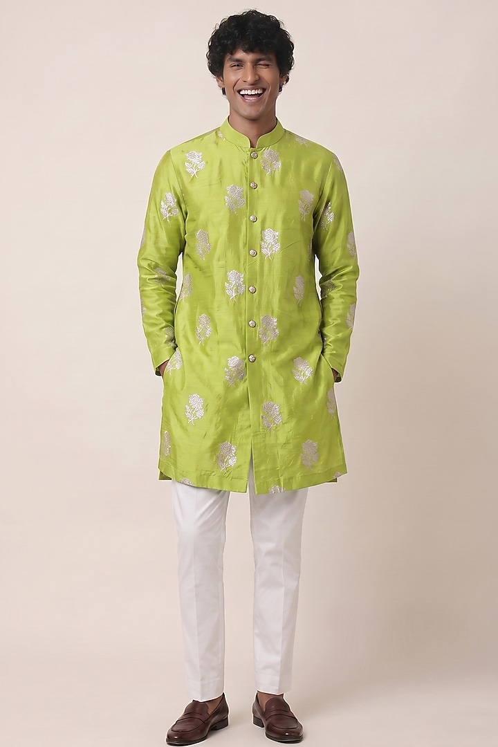 Light Green Banarasi Silk Floral Work Kurta by AASTHASHAH at Pernia's Pop Up Shop