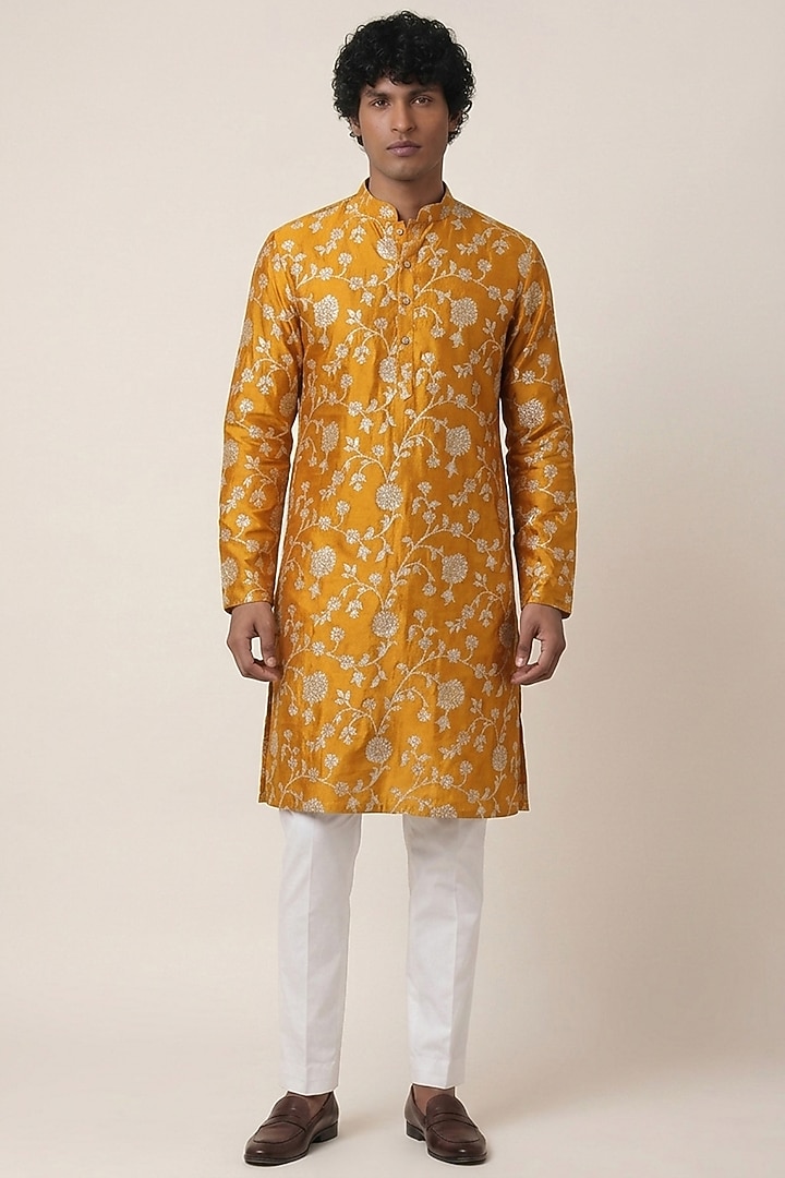 Orange Banarasi Silk Floral Work Kurta by AASTHASHAH at Pernia's Pop Up Shop