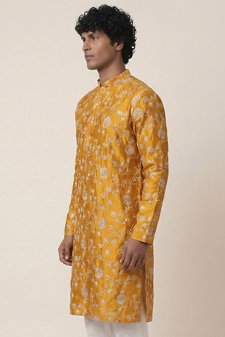 Orange Banarasi Silk Floral Work Kurta by AASTHASHAH at Pernia's Pop Up Shop