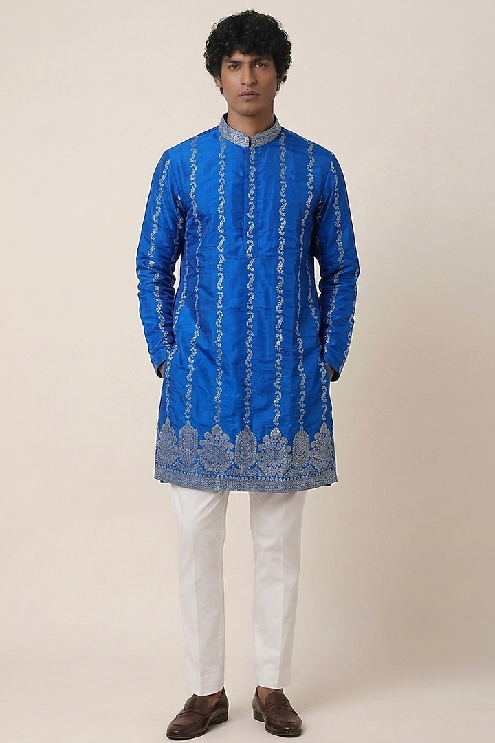 Electric Blue Banarasi Silk Zari Work Kurta by AASTHASHAH at Pernia's Pop Up Shop