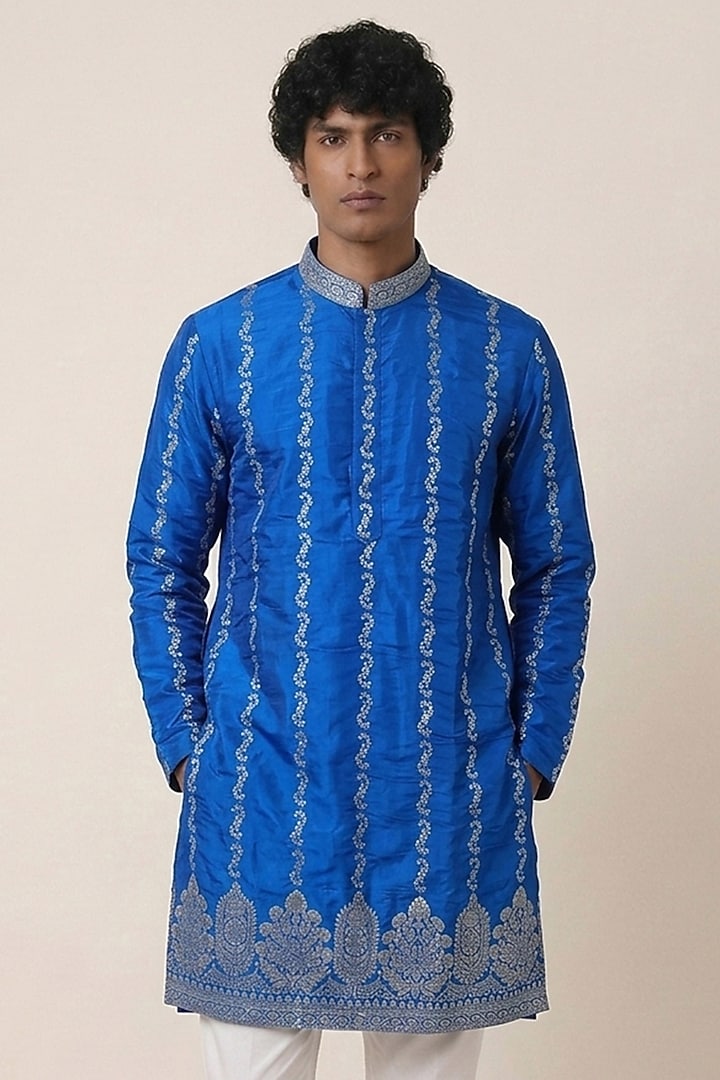 Electric Blue Banarasi Silk Zari Work Kurta by AASTHASHAH at Pernia's Pop Up Shop