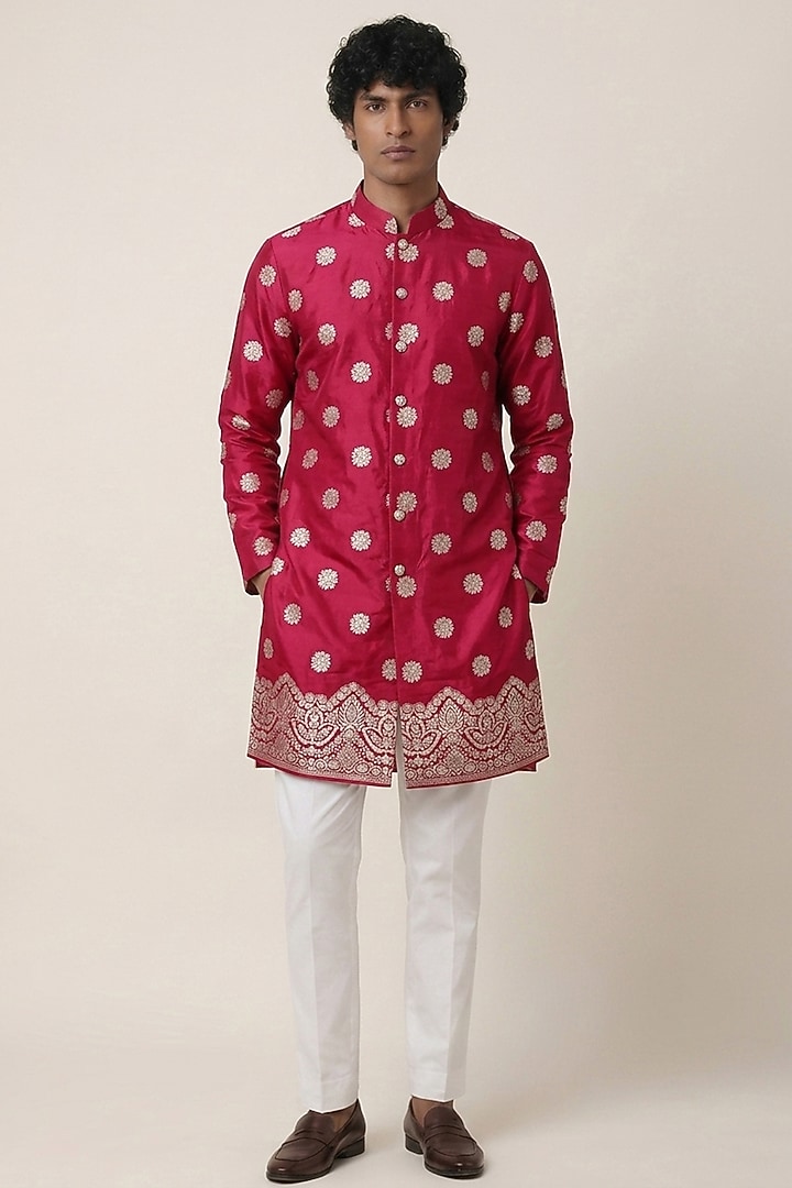 Red Banarasi Silk Zari Work Kurta by AASTHASHAH at Pernia's Pop Up Shop