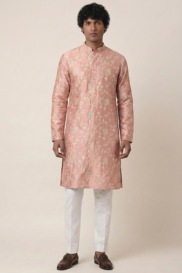 Pink Banarasi Silk Floral & Zari Work Kurta by AASTHASHAH at Pernia's Pop Up Shop
