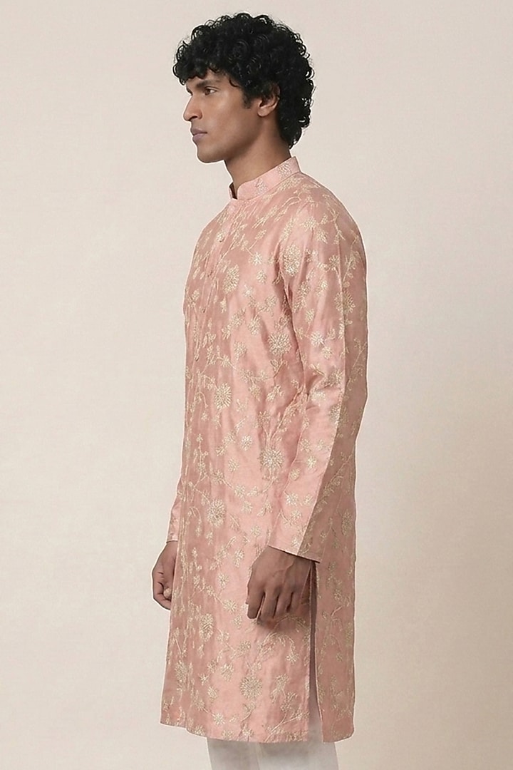 Pink Banarasi Silk Floral & Zari Work Kurta by AASTHASHAH at Pernia's Pop Up Shop