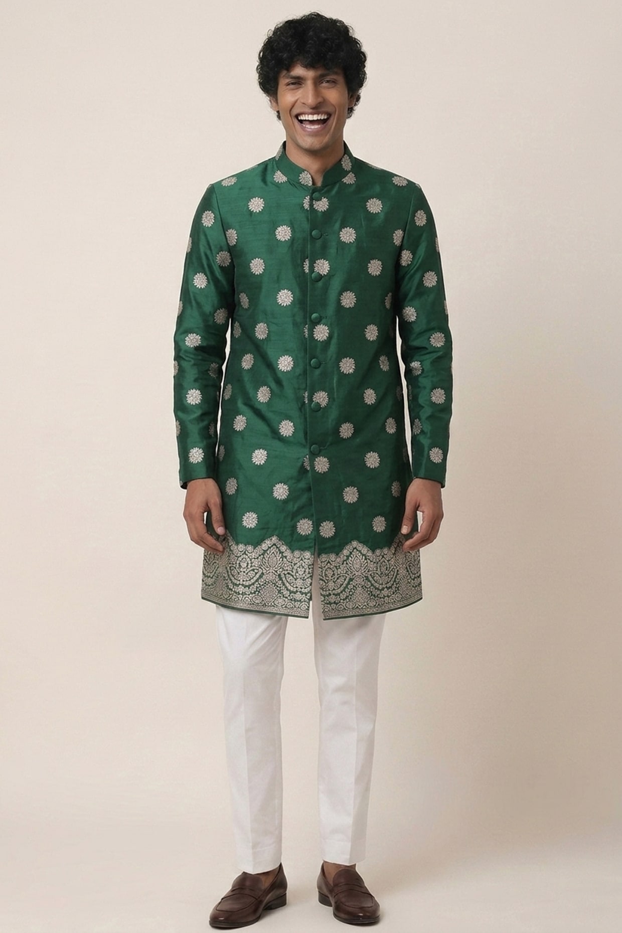 AASTHASHAH Bottle Green Banarasi Silk Floral & Zari Work Kurta