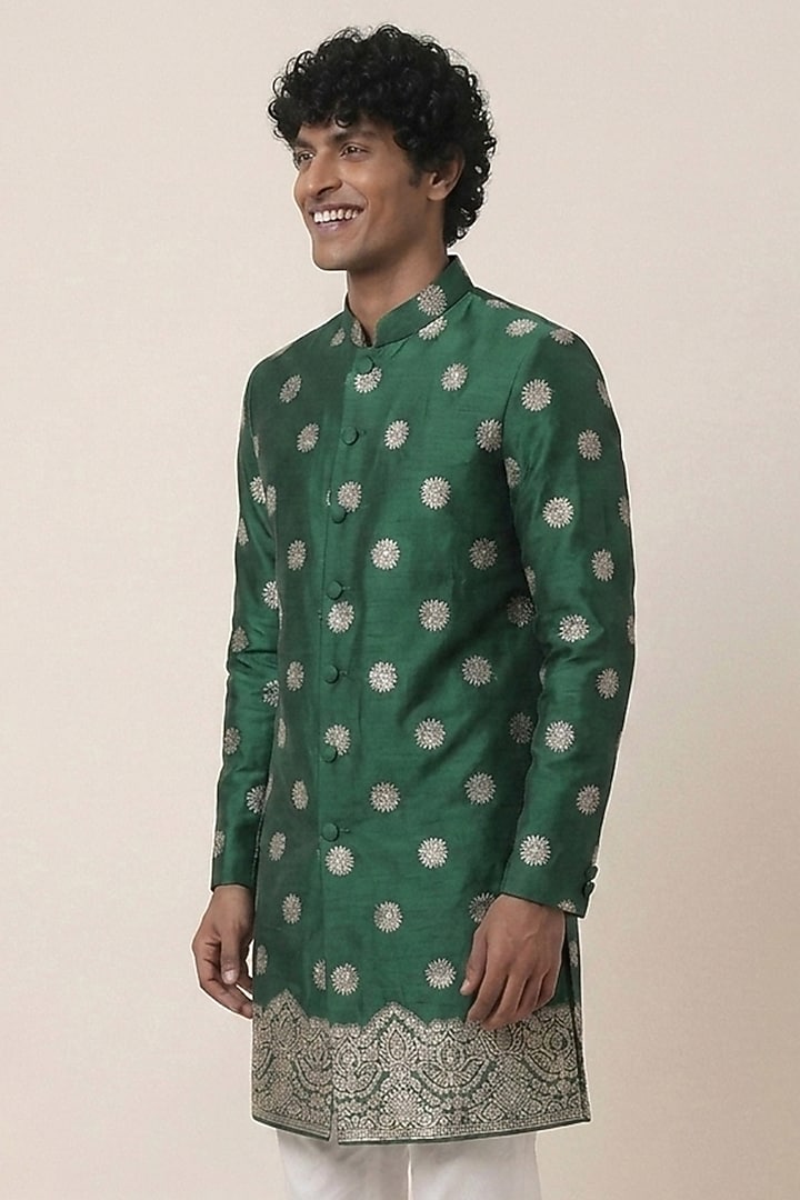 Bottle Green Banarasi Silk Floral & Zari Work Kurta by AASTHASHAH at Pernia's Pop Up Shop