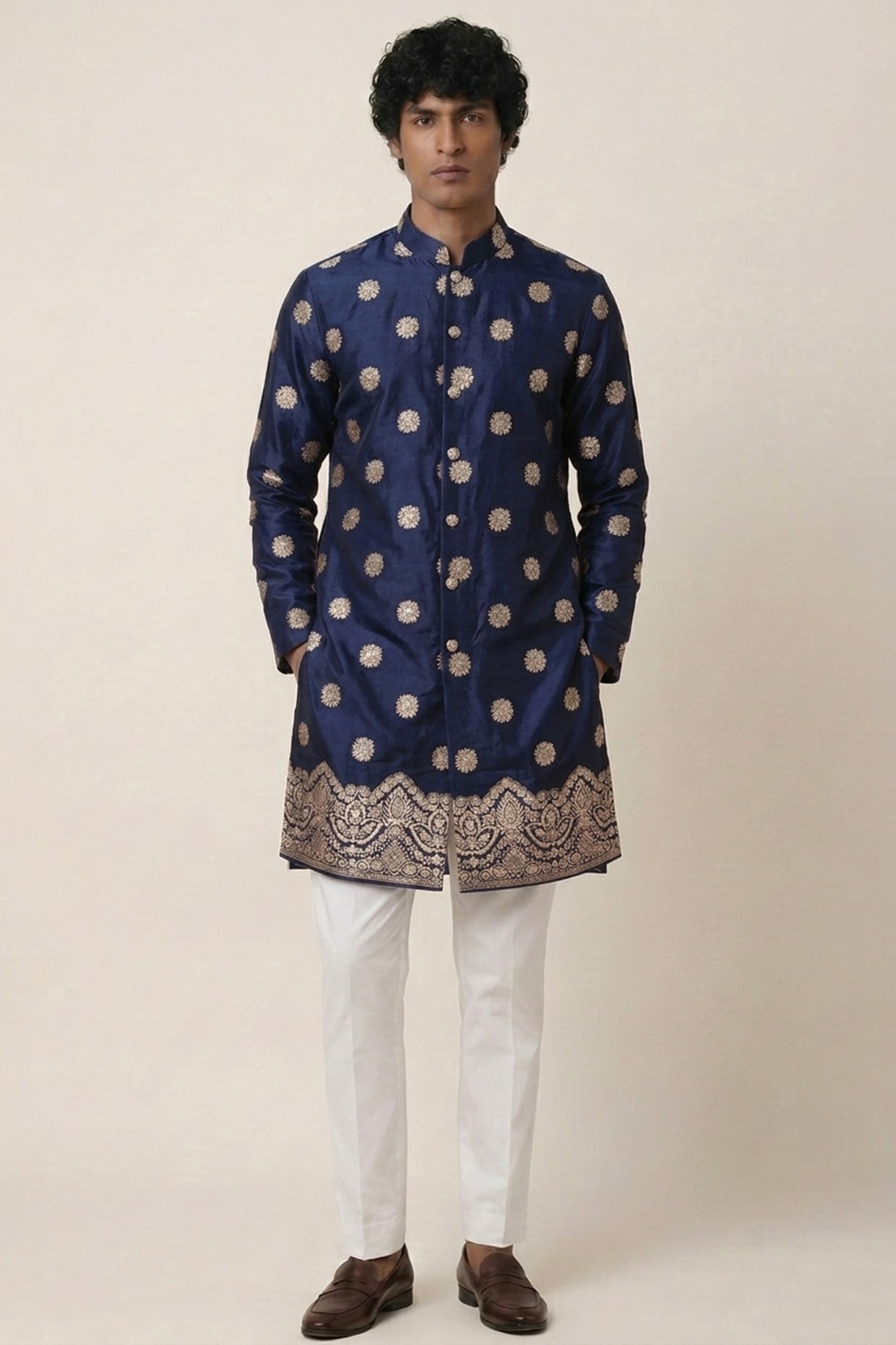 AASTHASHAH Navy Blue Banarasi Silk Floral & Zari Work Kurta