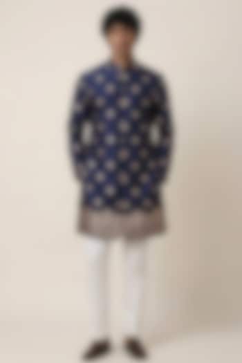 Navy Blue Banarasi Silk Floral & Zari Work Kurta by AASTHASHAH at Pernia's Pop Up Shop