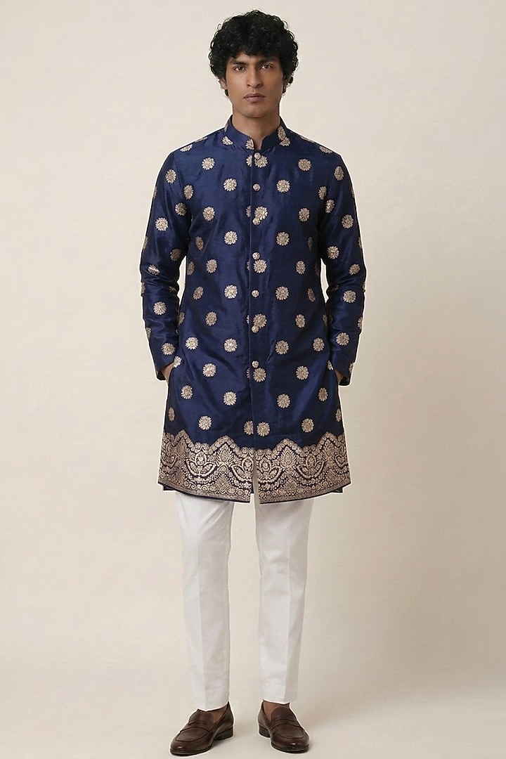 Navy Blue Banarasi Silk Floral & Zari Work Kurta by AASTHASHAH at Pernia's Pop Up Shop