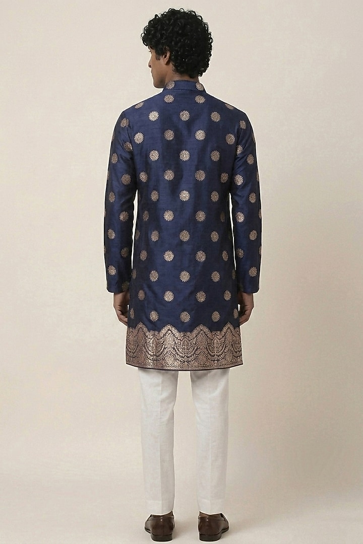 Navy Blue Banarasi Silk Floral & Zari Work Kurta by AASTHASHAH at Pernia's Pop Up Shop