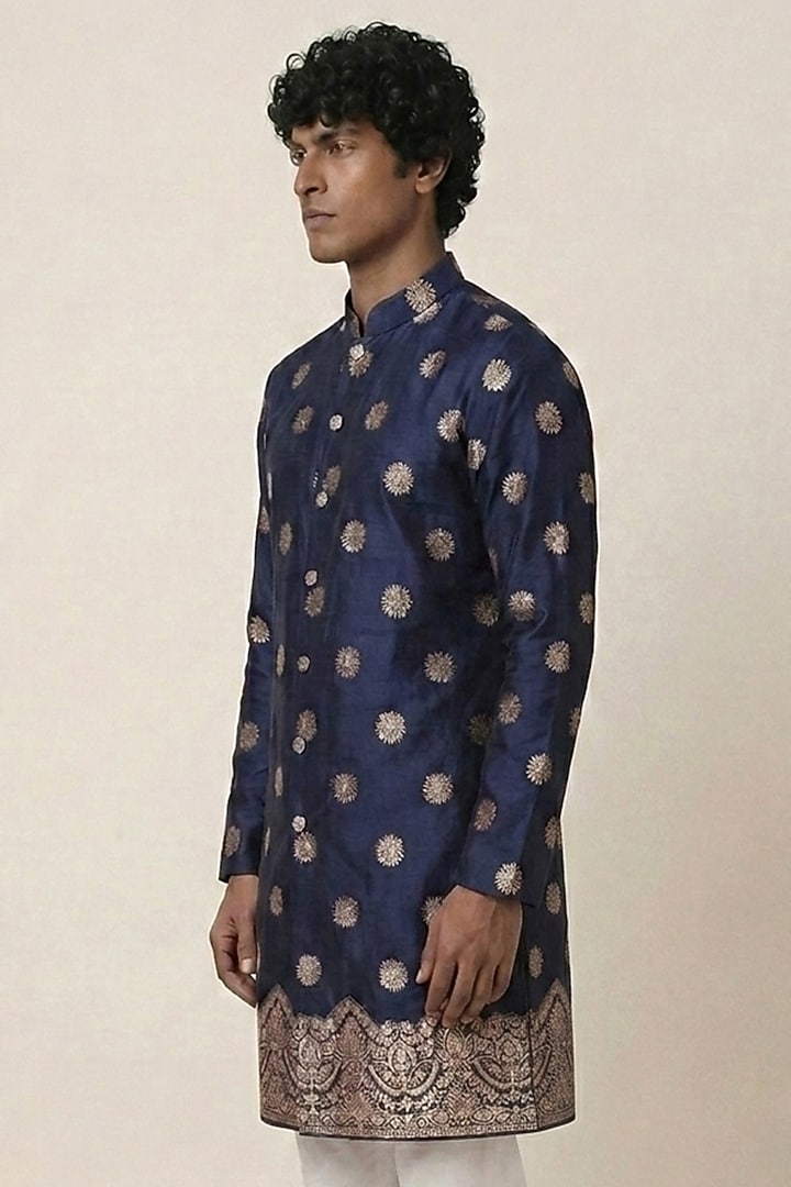 Navy Blue Banarasi Silk Floral & Zari Work Kurta by AASTHASHAH at Pernia's Pop Up Shop