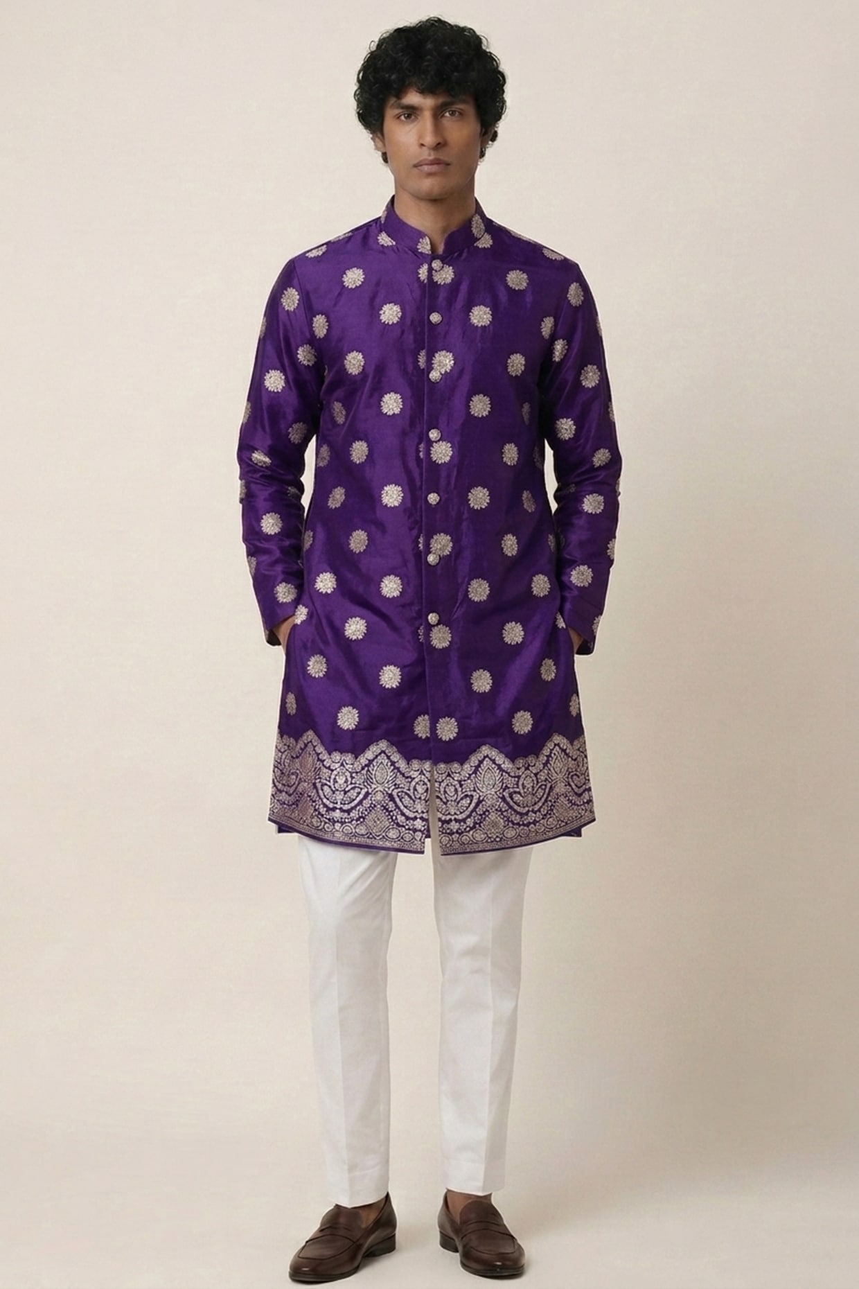 AASTHASHAH Royal Purple Banarasi Silk Floral & Zari Work Kurta