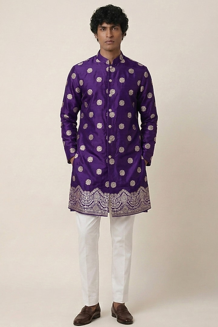 Royal Purple Banarasi Silk Floral & Zari Work Kurta by AASTHASHAH at Pernia's Pop Up Shop