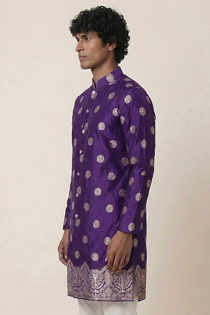 Royal Purple Banarasi Silk Floral & Zari Work Kurta by AASTHASHAH at Pernia's Pop Up Shop