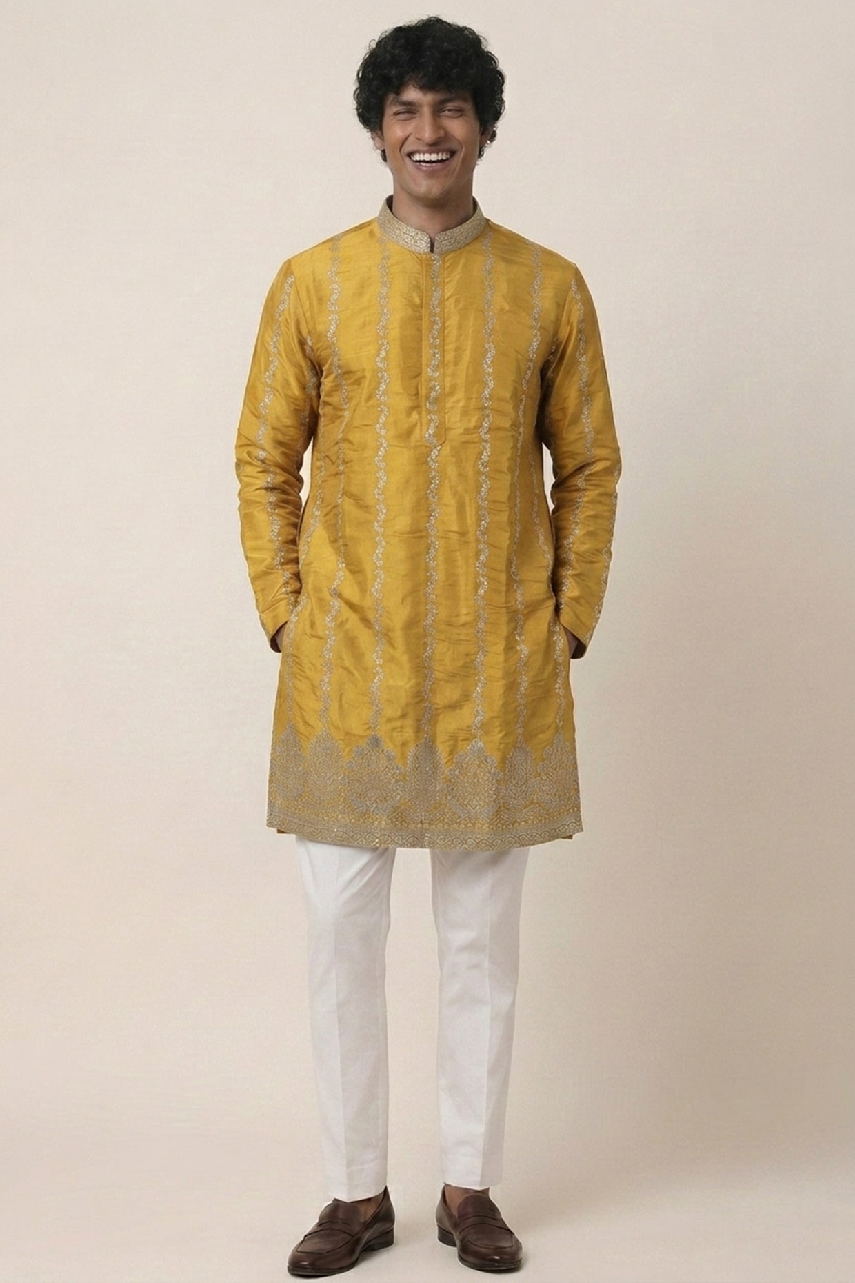 AASTHASHAH Mustard Banarasi Silk Floral & Zari Work Kurta