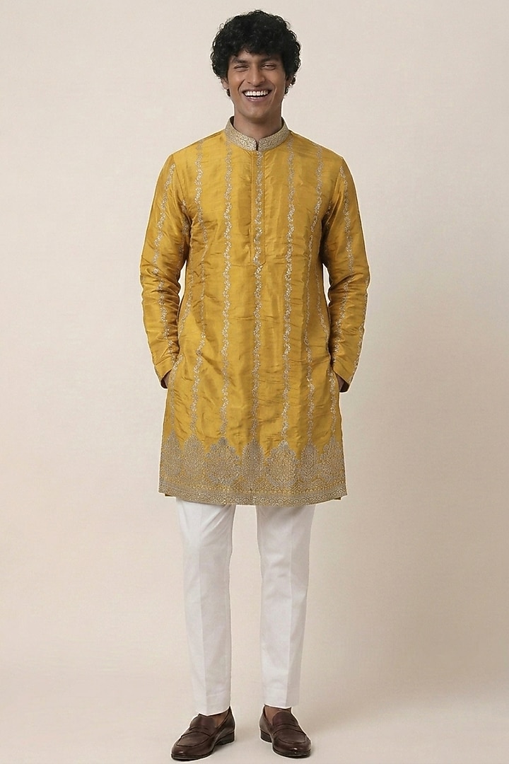 Mustard Banarasi Silk Floral & Zari Work Kurta by AASTHASHAH at Pernia's Pop Up Shop