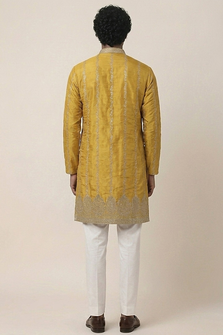 Mustard Banarasi Silk Floral & Zari Work Kurta by AASTHASHAH at Pernia's Pop Up Shop