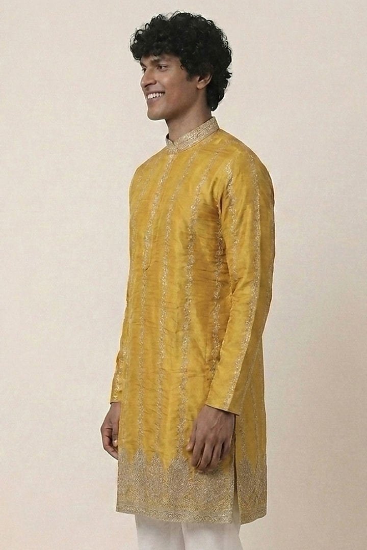 Mustard Banarasi Silk Floral & Zari Work Kurta by AASTHASHAH at Pernia's Pop Up Shop