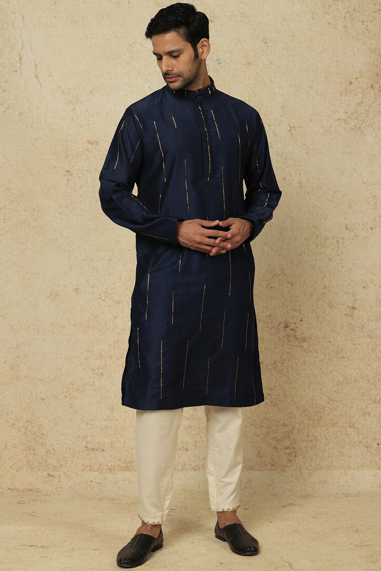 Royal Blue Muslin Dot Cotton Aari Embroidered Kurta Set by AASTHASHAH at Pernia's Pop Up Shop