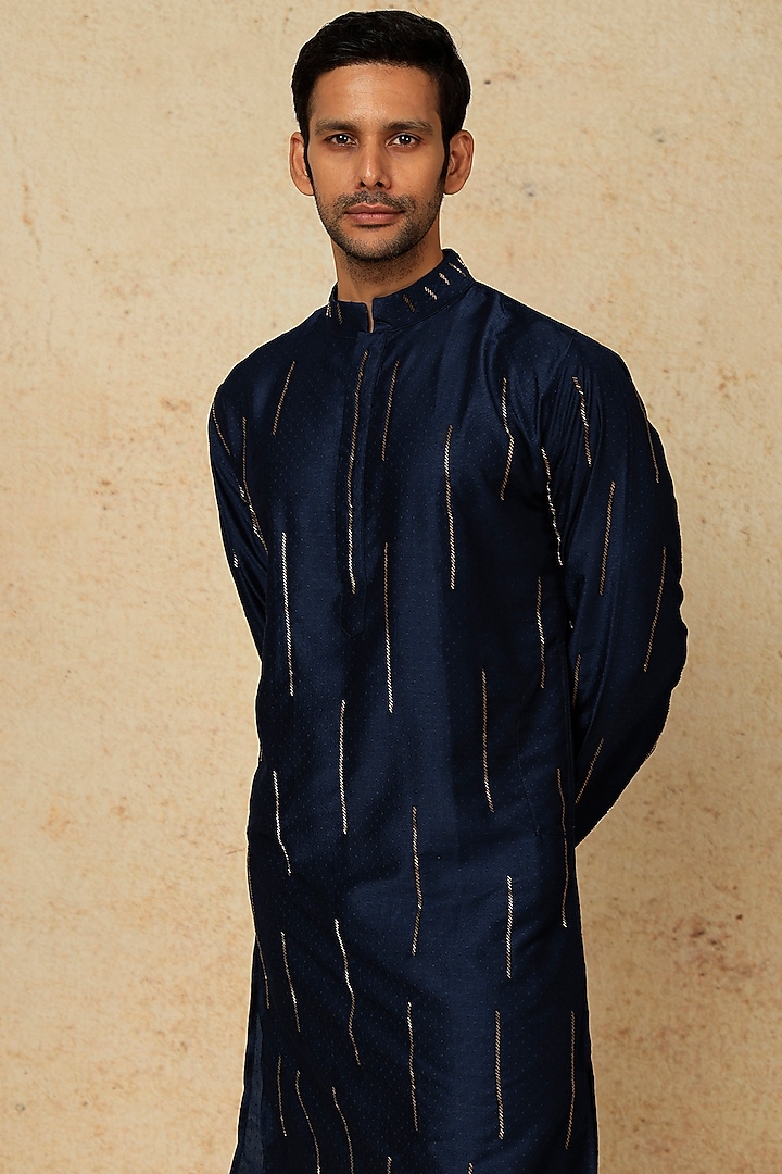 Royal Blue Muslin Dot Cotton Aari Embroidered Kurta Set by AASTHASHAH at Pernia's Pop Up Shop