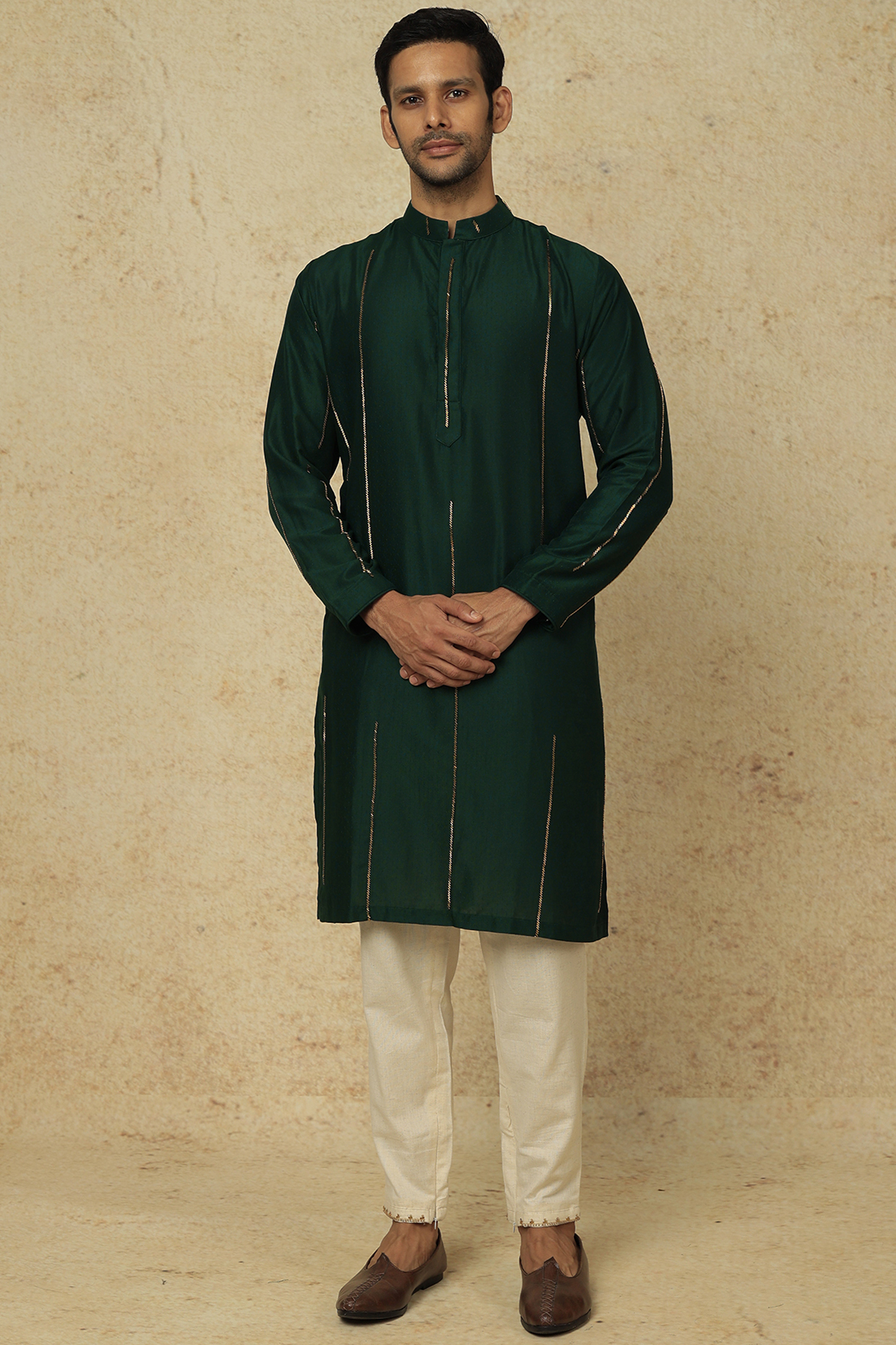 Royal Green Muslin Cotton Silk Aari Hand Embroidered Kurta Set by AASTHASHAH at Pernia's Pop Up Shop