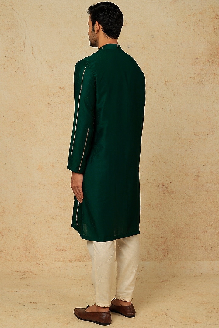 Royal Green Muslin Cotton Silk Aari Hand Embroidered Kurta Set by AASTHASHAH at Pernia's Pop Up Shop
