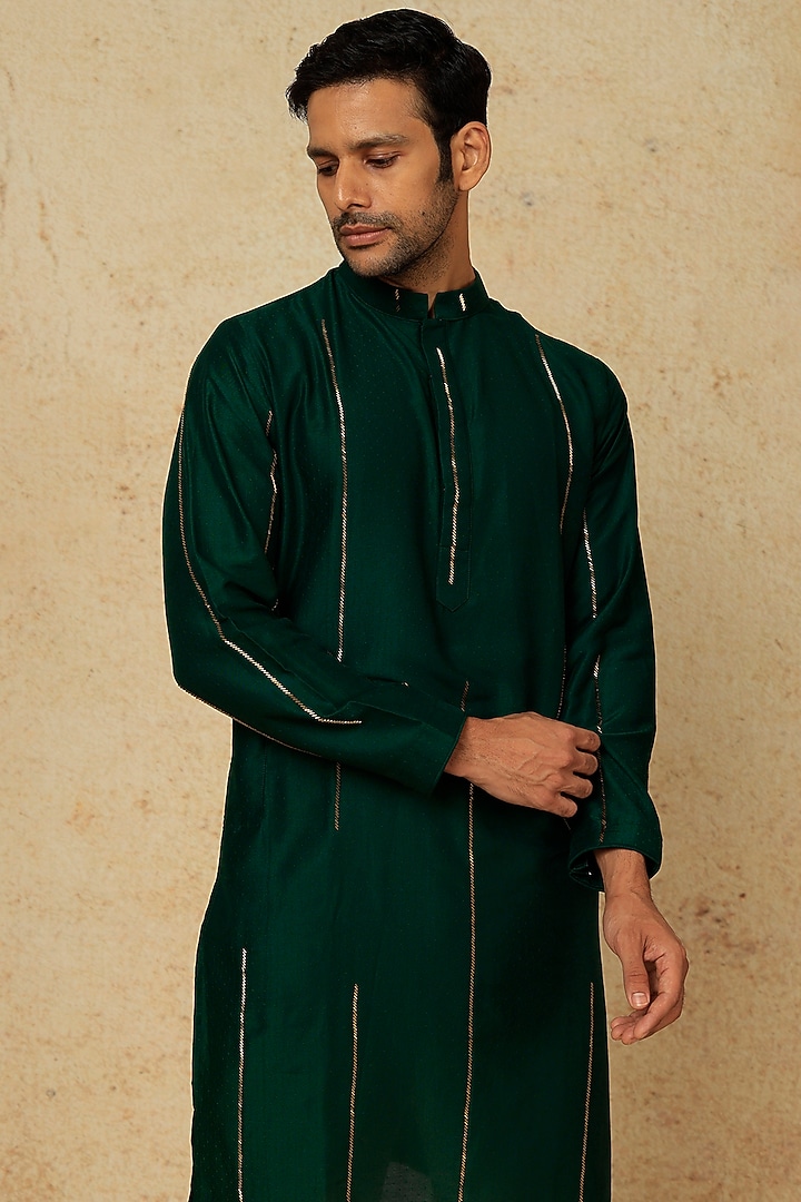 Royal Green Muslin Cotton Silk Aari Hand Embroidered Kurta Set by AASTHASHAH at Pernia's Pop Up Shop
