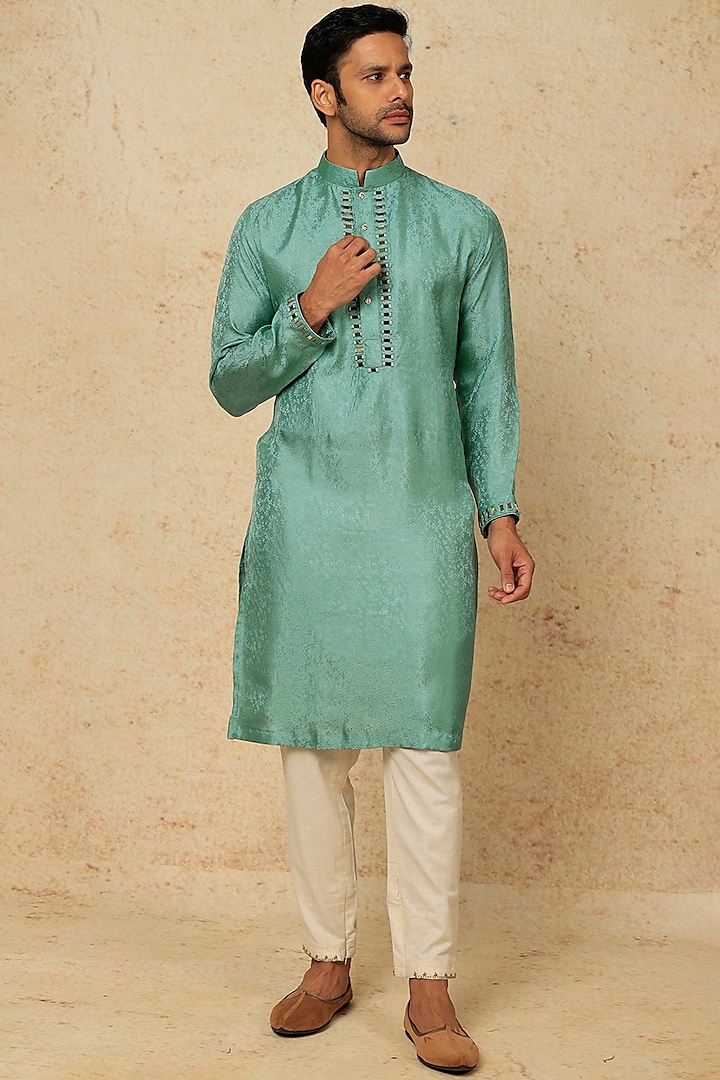 Turquoise Embroidered Kurta Set by AASTHASHAH at Pernia's Pop Up Shop