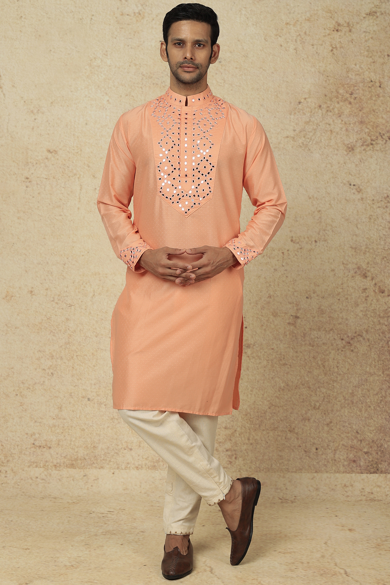 Peach Muslin Cotton Silk Mirror Work Kurta Set by AASTHASHAH at Pernia's Pop Up Shop