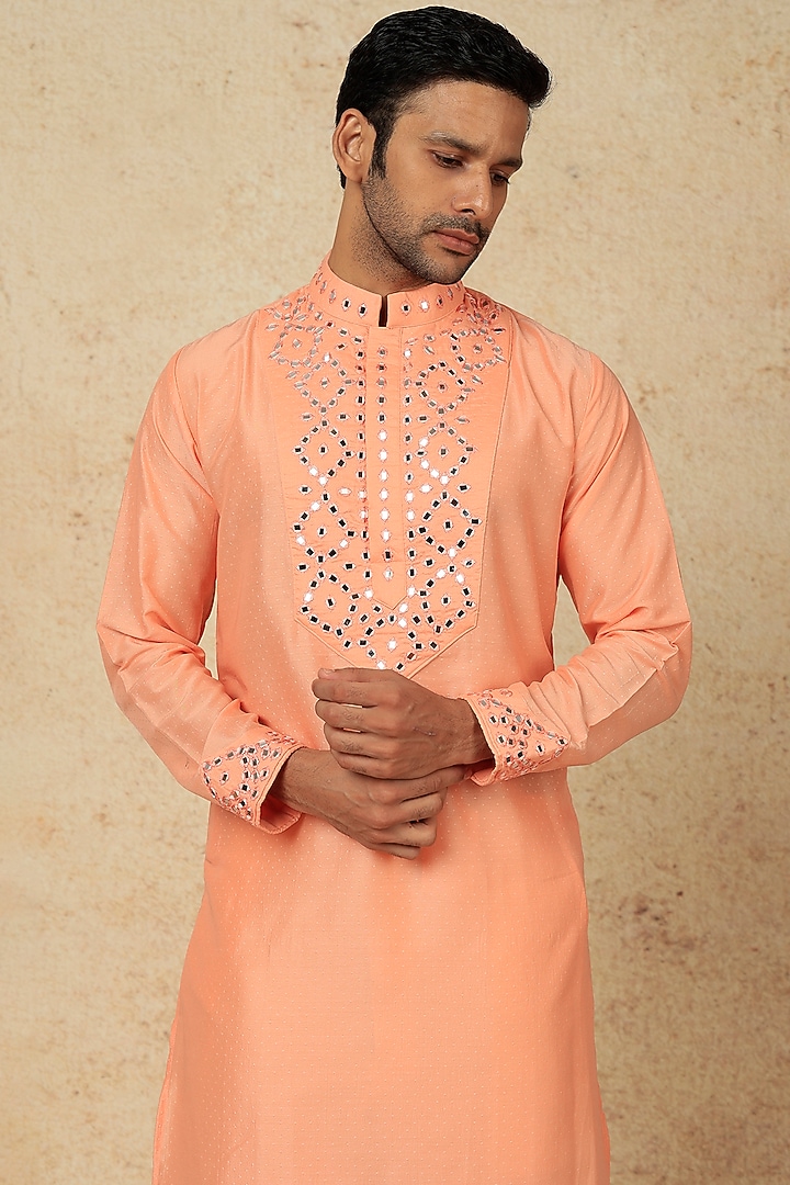 Peach Muslin Cotton Silk Mirror Work Kurta Set by AASTHASHAH at Pernia's Pop Up Shop