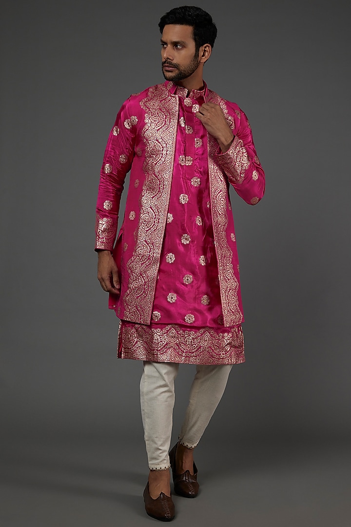 Fuschia Banarasi Indowestern Jacket Set  by AASTHASHAH