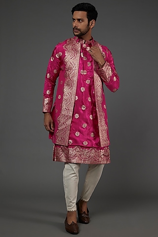Fuschia Banarasi Indowestern Jacket Set  by AASTHASHAH