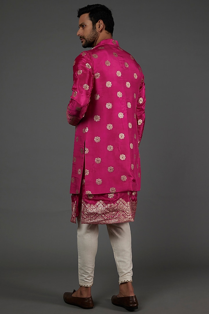 Fuschia Banarasi Wedding Indowestern Jacket Set  by AASTHASHAH at Pernia's Pop Up Shop