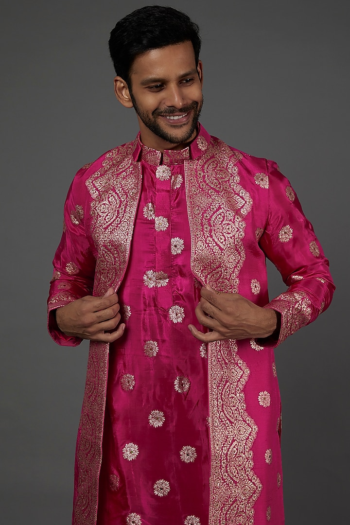 Fuschia Banarasi Wedding Indowestern Jacket Set  by AASTHASHAH at Pernia's Pop Up Shop