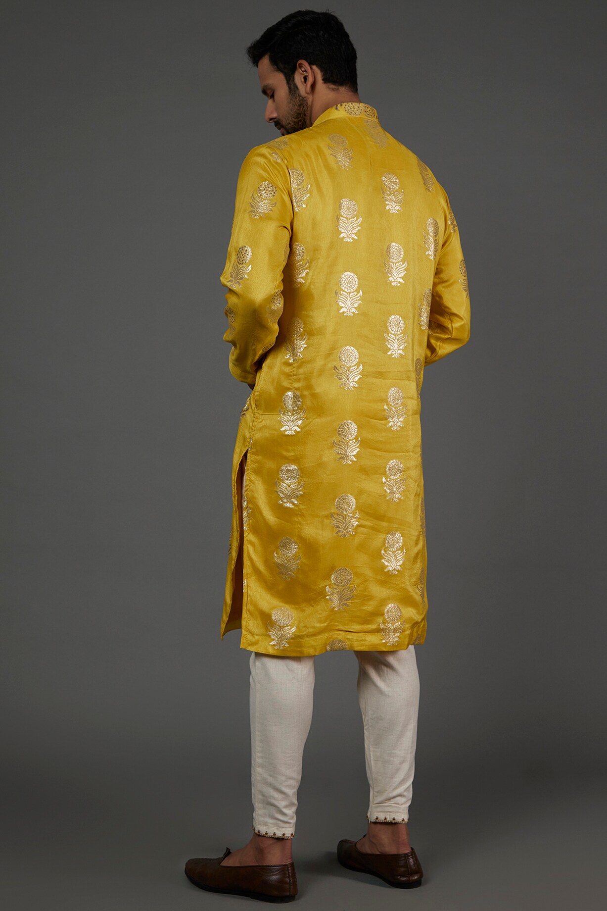 Yellow Checked Chanderi Anarkali Kurta With Banarasi Brocade Dupatta