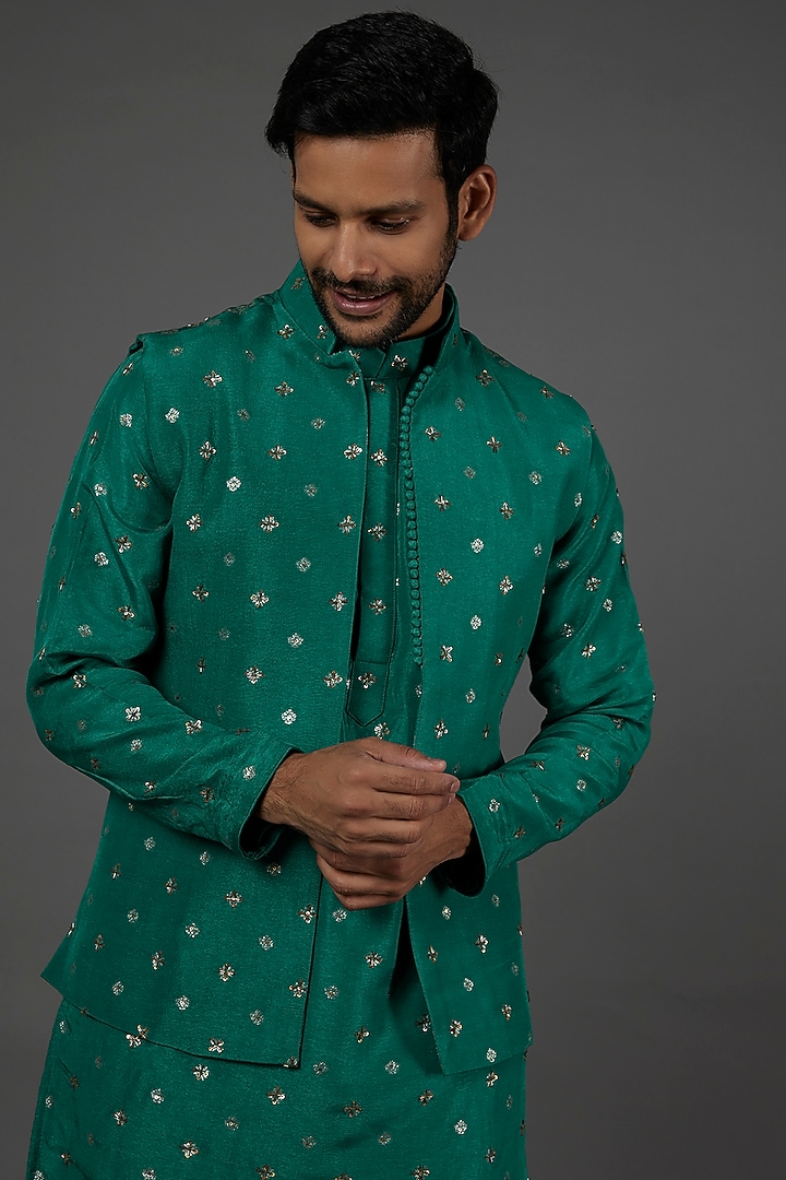 Sapphire Banarasi Indo-Western Jacket Set by AASTHASHAH at Pernia's Pop Up Shop