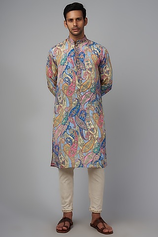 Multi-Colored Viscose Silk Paisley  Digital Printed Kurta Set For Boys by AASTHASHAH - KIDS
