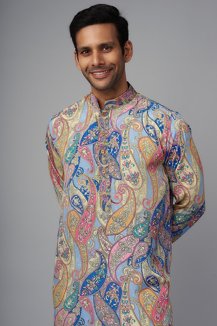 Multi-Colored Viscose Silk Paisley Digital Printed Kurta Set For Boys by AASTHASHAH - KIDS at Pernia's Pop Up Shop