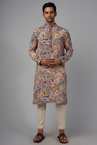 Multi-Colored Viscose Silk Paisley Digital Printed Kurta Set For Boys by AASTHASHAH - KIDS