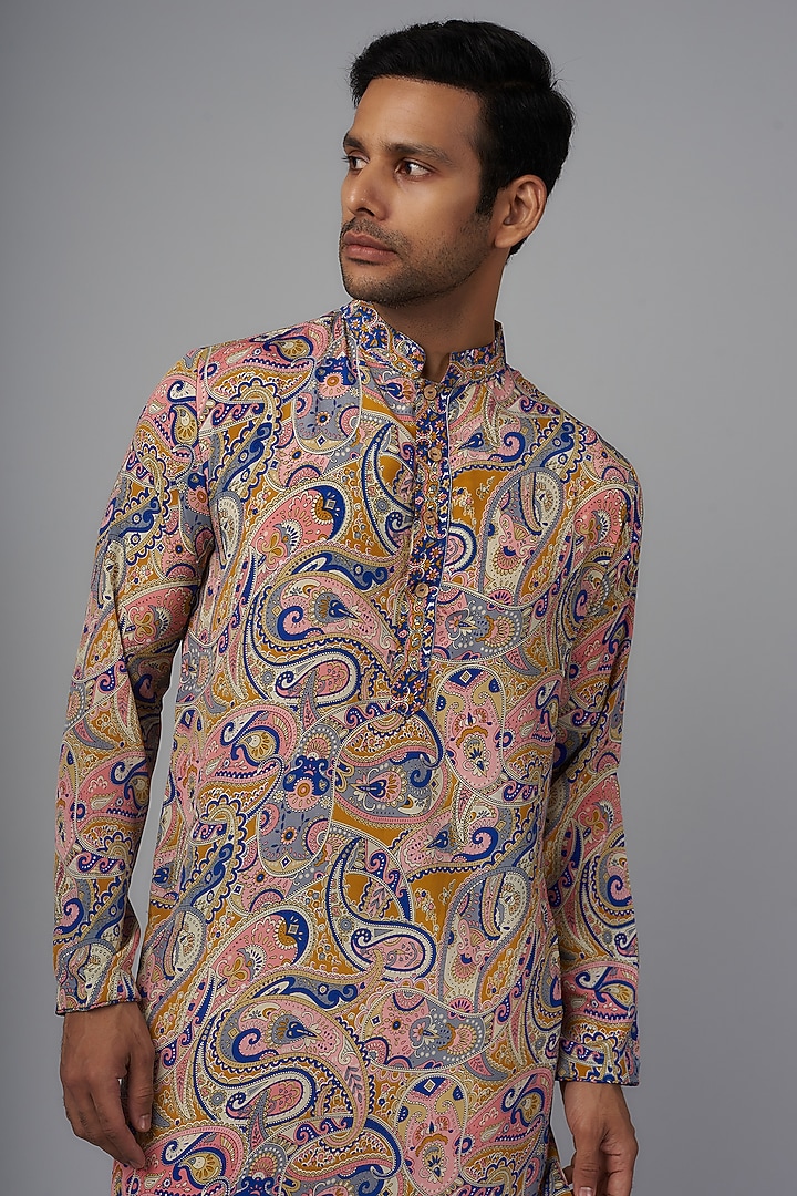Multi-Colored Viscose Silk Paisley Digital Printed Kurta Set For Boys by AASTHASHAH - KIDS at Pernia's Pop Up Shop