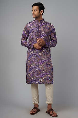 Purple Viscose Silk Paisley Digital Printed Kurta Set For Boys by AASTHASHAH - KIDS