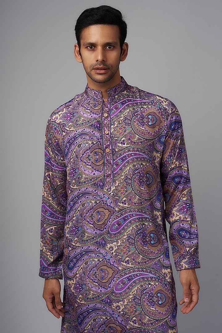 Purple Viscose Silk Paisley Digital Printed Kurta Set For Boys by AASTHASHAH - KIDS at Pernia's Pop Up Shop