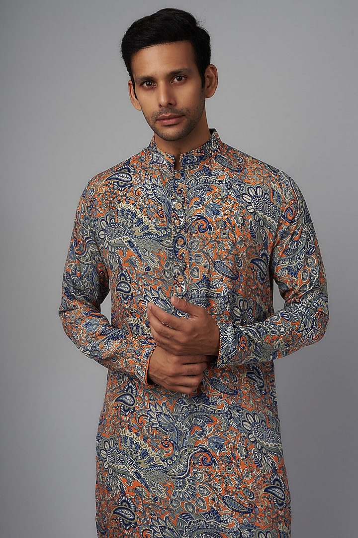 Multi-Colored Viscose Silk Paisley Digital Printed Kurta Set For Boys by AASTHASHAH - KIDS at Pernia's Pop Up Shop