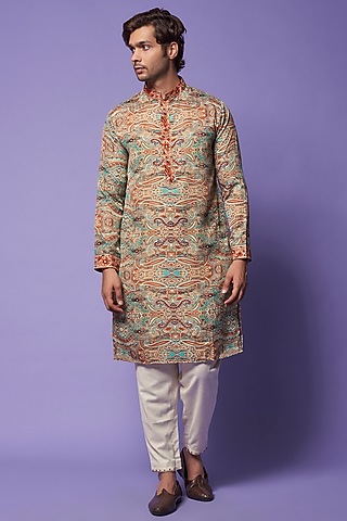 Multi-Colored Viscose Silk Paisley Printed Kurta Set For Boys by AASTHASHAH - KIDS