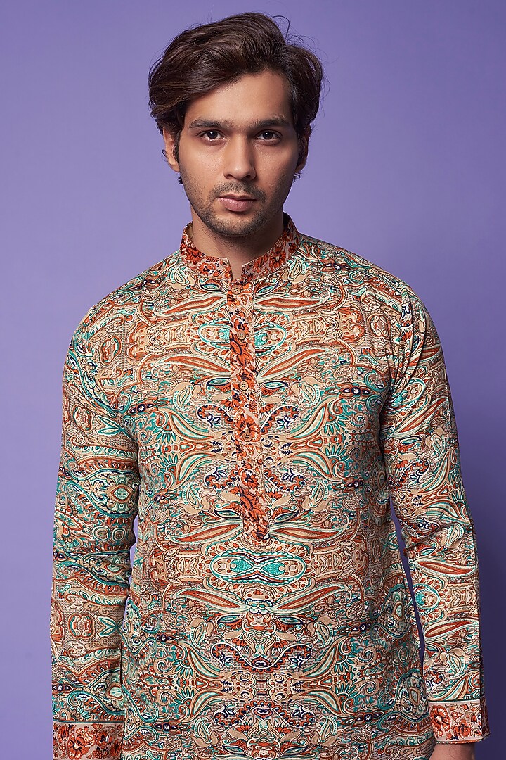 Multi-Colored Viscose Silk Paisley Printed Kurta Set For Boys by AASTHASHAH - KIDS at Pernia's Pop Up Shop