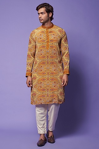 Multi-Colored Viscose Silk Paisley Printed Kurta Set For Boys by AASTHASHAH - KIDS