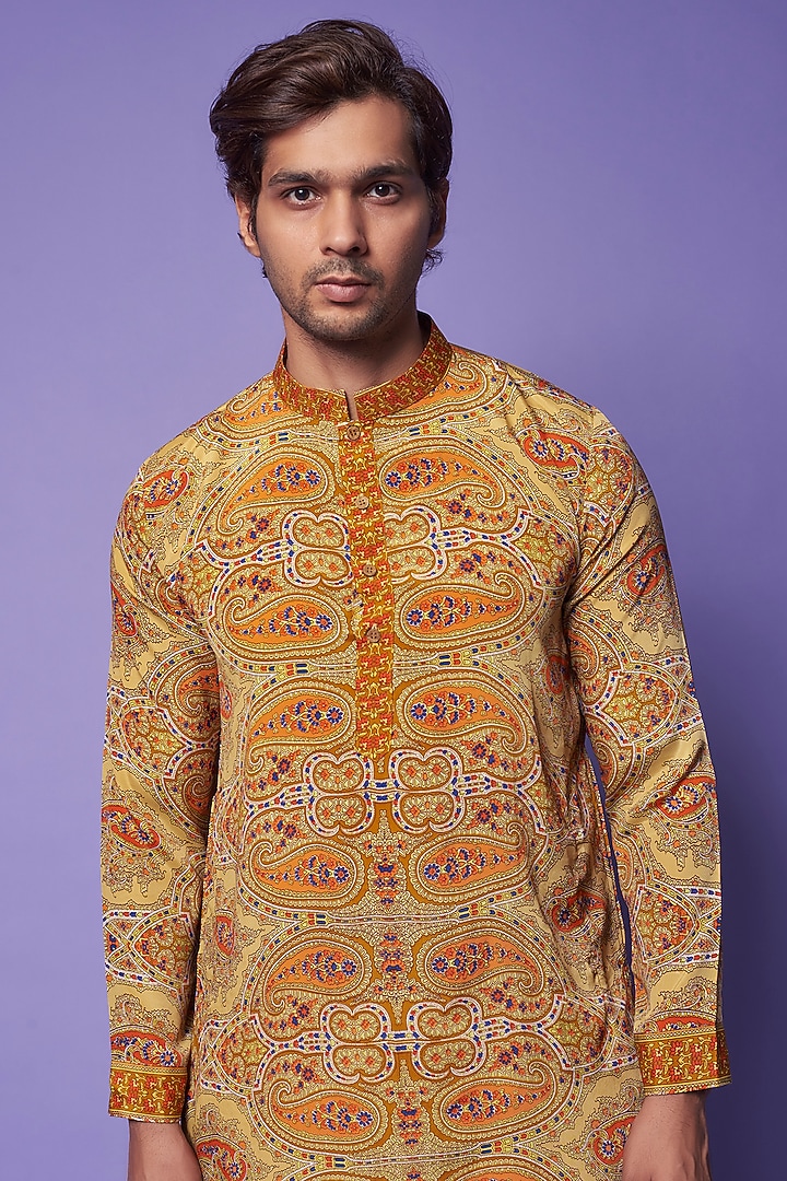 Multi-Colored Viscose Silk Paisley Printed Kurta Set For Boys by AASTHASHAH - KIDS at Pernia's Pop Up Shop